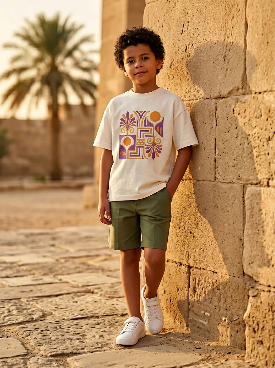 Boy wearing the BALABEL Pharaoh ecru tee with pharaonic graphic and olive shorts — model B-OS1