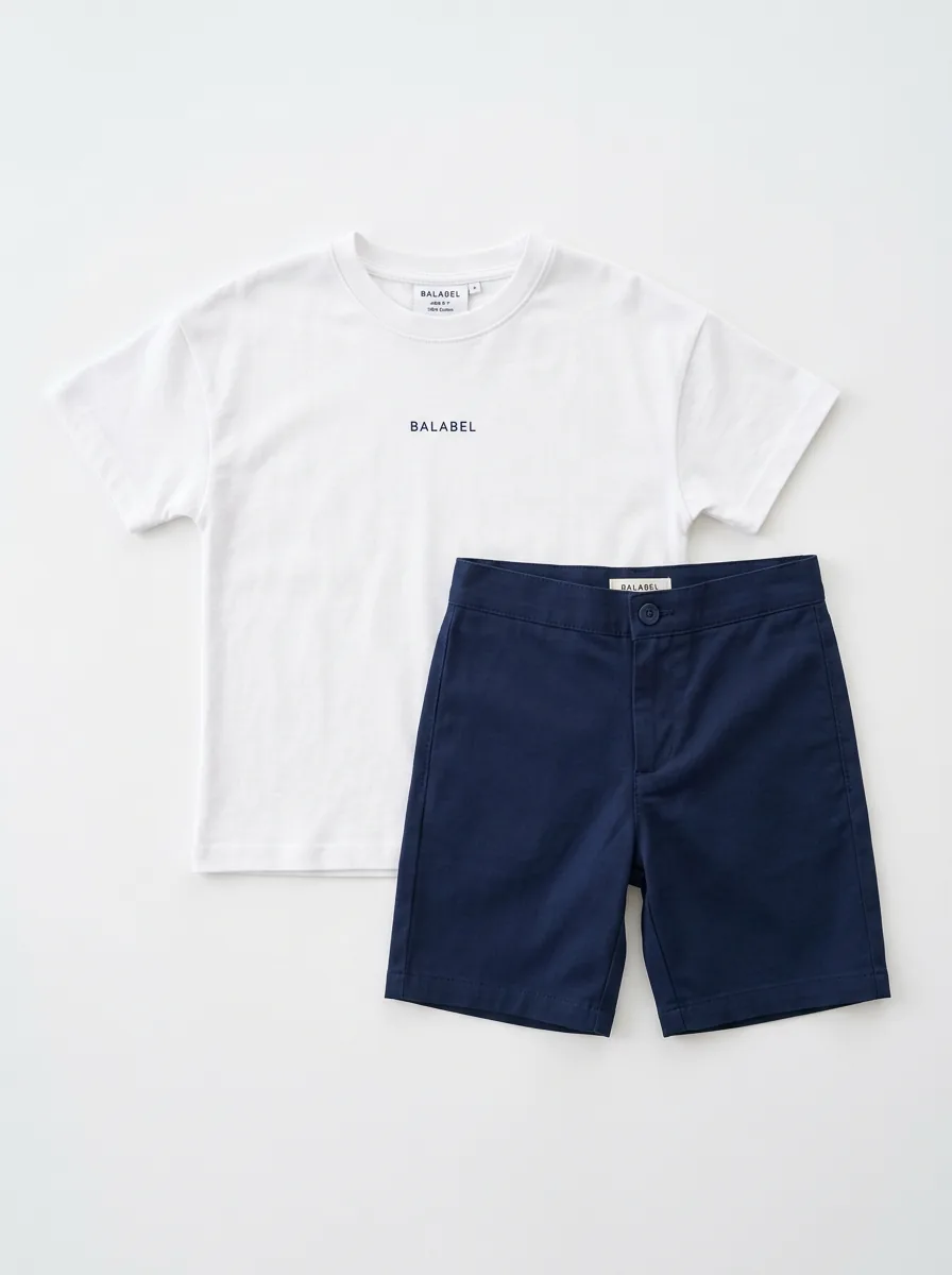 Flatlay of the BALABEL Cosmic white tee and navy shorts — model B-OS2