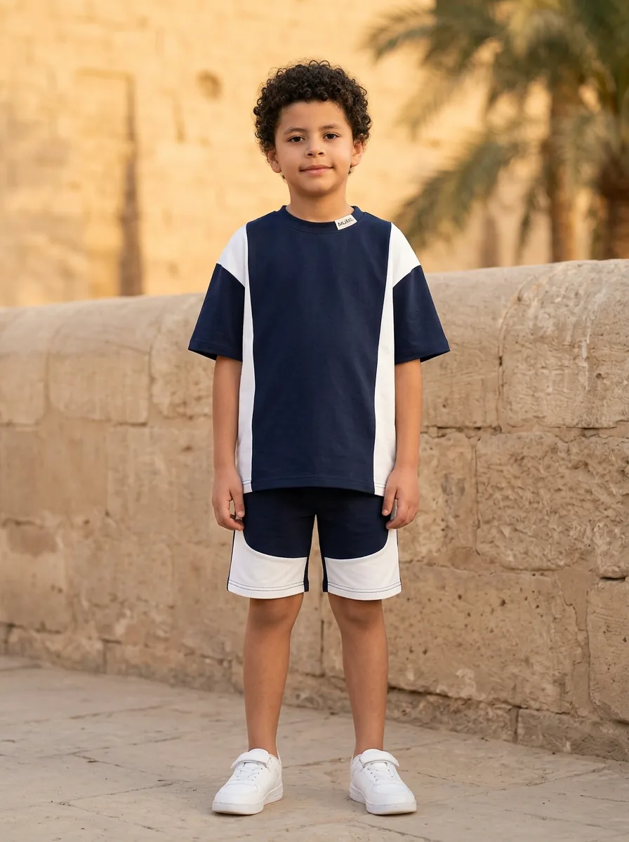 Boy wearing the BALABEL Block colorblock navy and white set — model B-OS3