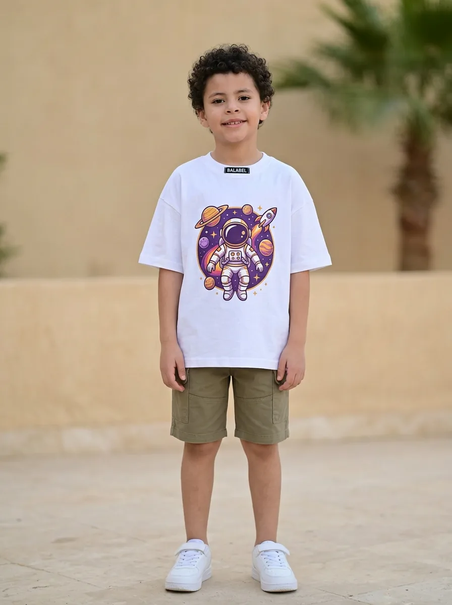 Boy in white tee and olive shorts — outdoor lifestyle in Cairo